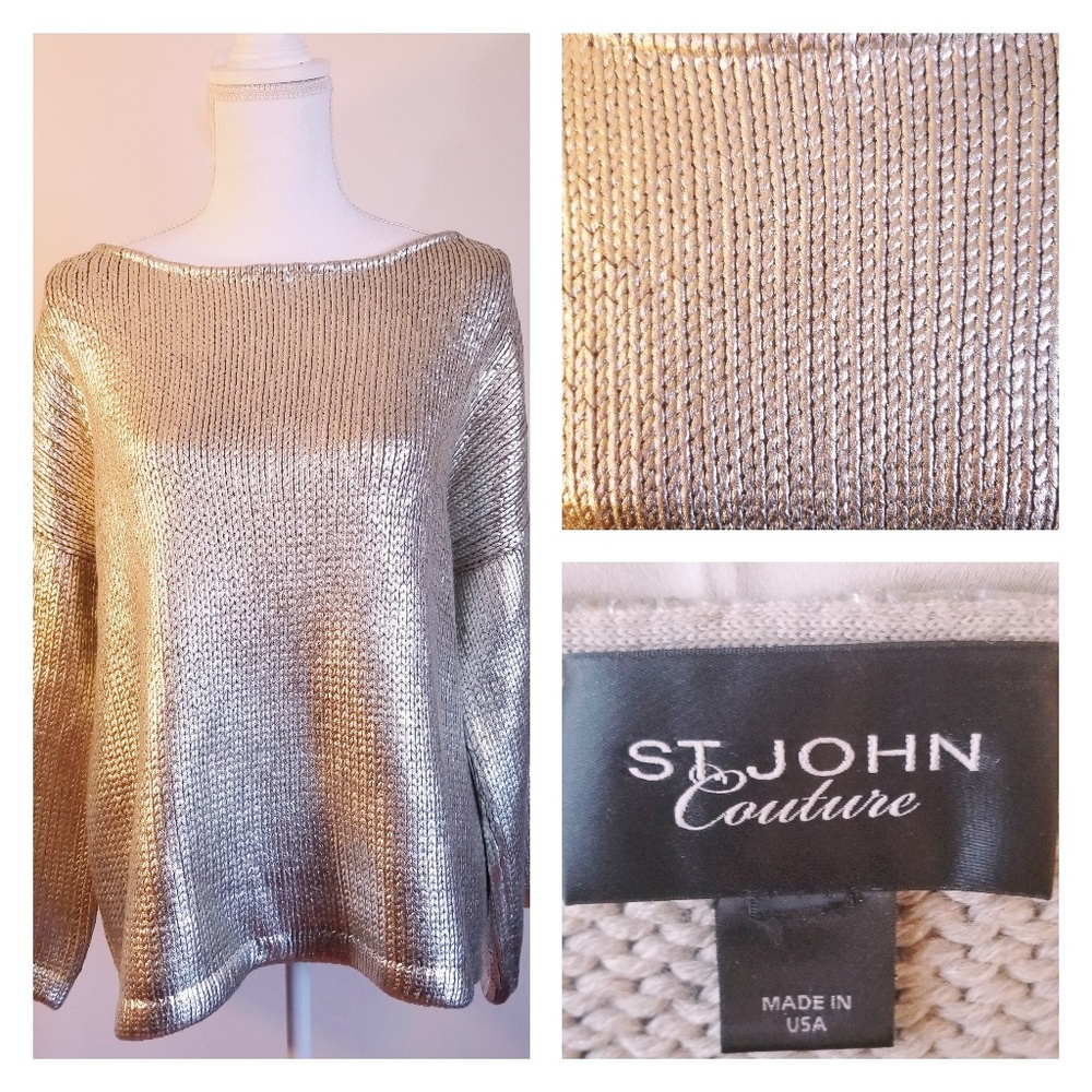 ⬇St. John Couture -Gold-Painted Cable-Knit Sweater